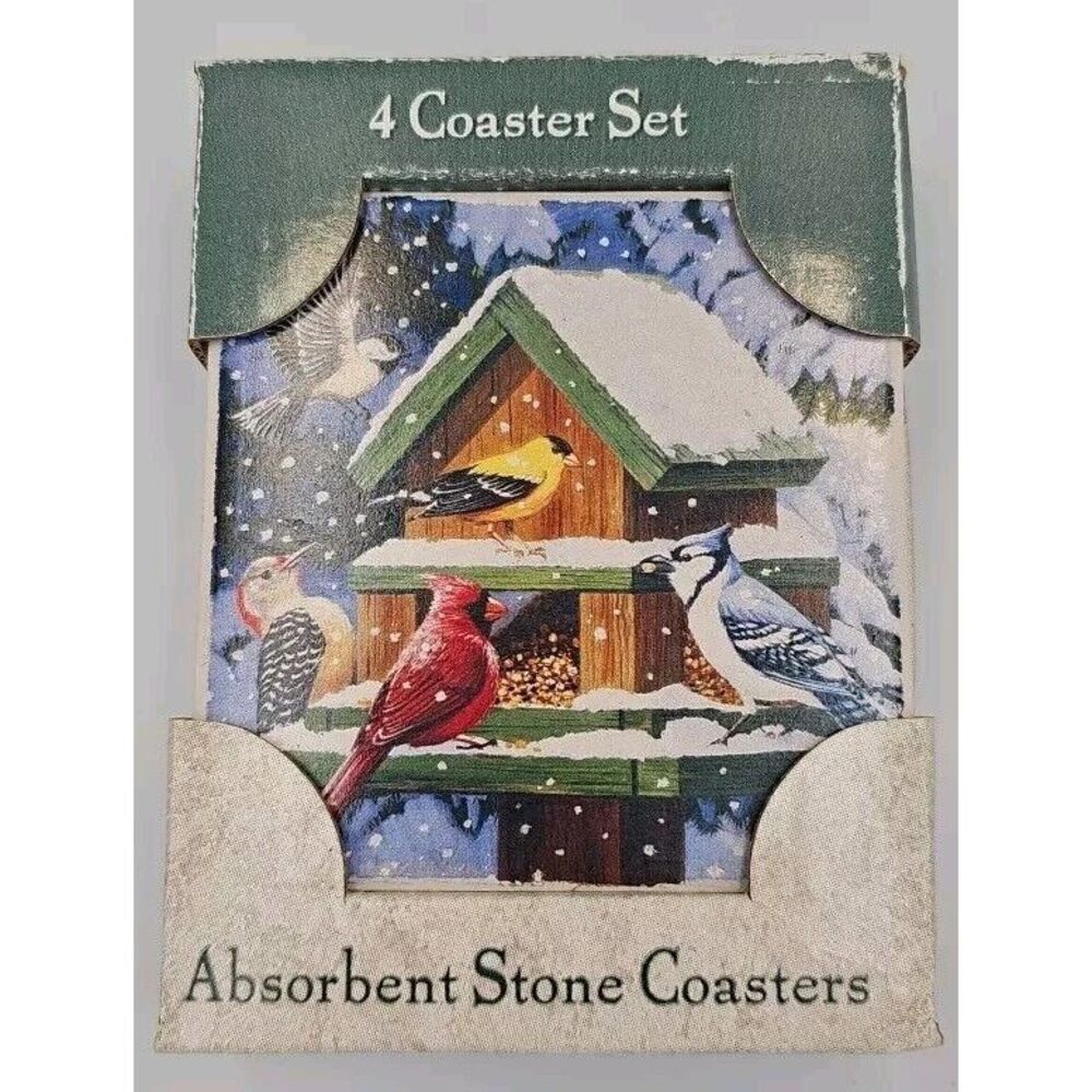 AbsorbaStone Coasters Cardinal & Birds‎ on Feeder In Winter Snow Set of 4 C-812